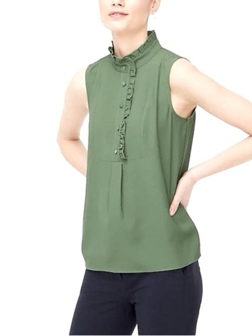 J. Crew Factory Ruffle High Neck Tank Top Green Button Front Blouse NWT 4 Women